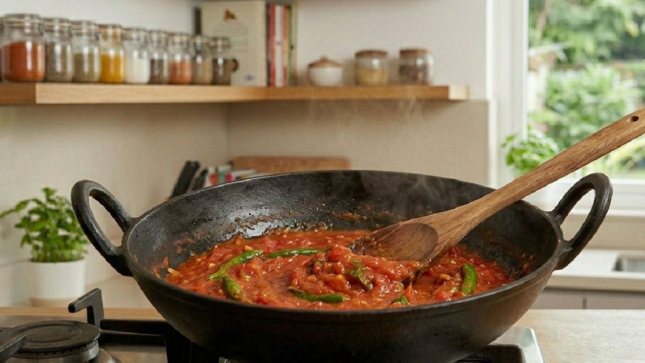 প্রথমে টমেটো আর কাঁচা লঙ্কা সেদ্ধ করে পেস্ট বানিয়ে নিতে হবে। কড়াই তে আদা রসুন ফোড়ন দিয়ে টমাটোর পেস্ট ঢেলে দিন। মিশ্রণটি ঘন হয়ে এলে ধনেপাতা দিয়ে নামিয়ে নিন। Gemini AI