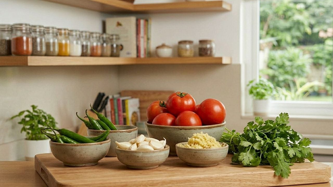 এই চাটনি বানাতে প্রয়োজন টমেটো আর কাঁচা লঙ্কা। সঙ্গে হাতের কাছে রাখতে হবে আদা কোরা, রসুন এবং কুচি করা ধনেপাতা। সামান্য নুন আর তেল দিলেই তৈরি হবে এই সুস্বাদু চাটনি। Gemini AI