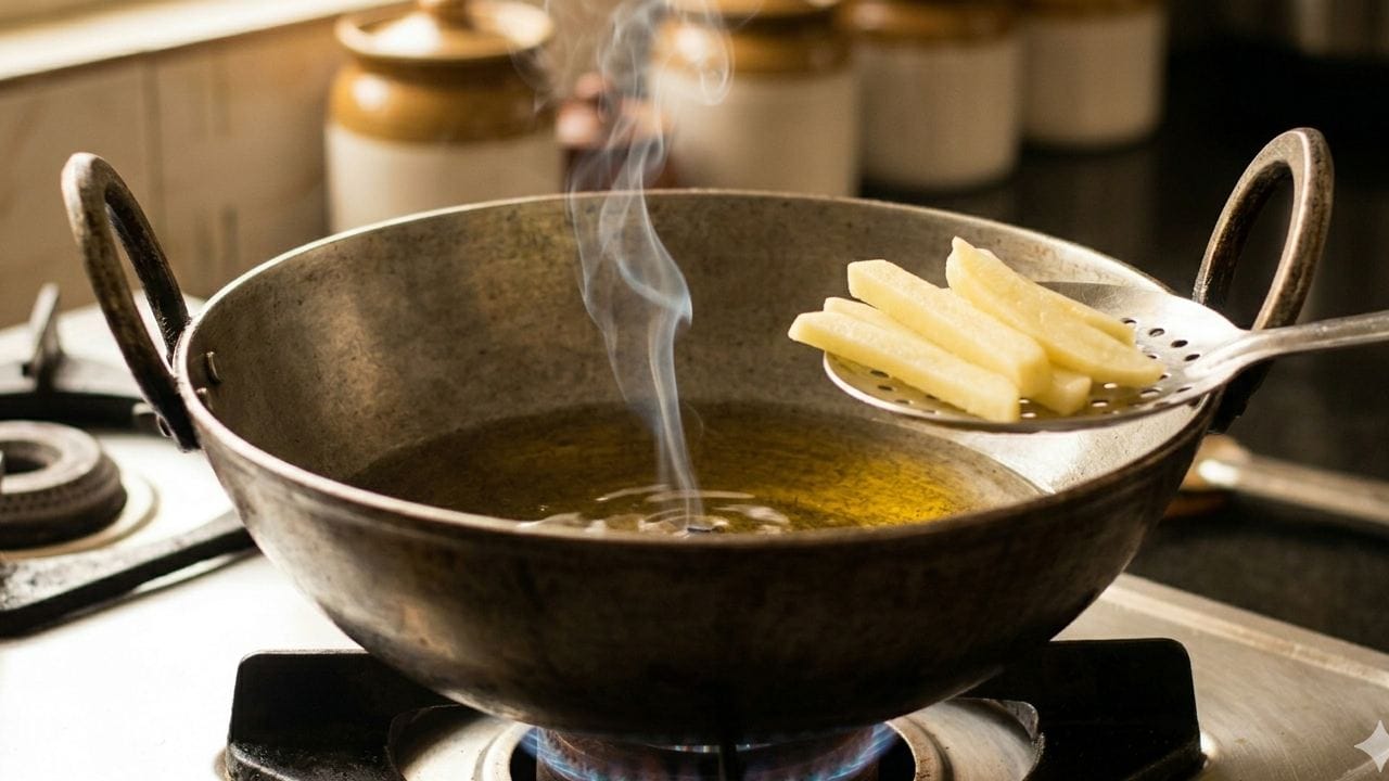 তেল ঠিকমতো গরম না হলে আলুর টুকরোগুলি প্রয়োজনের চেয়ে বেশি তেল শুষে নেয়। ফলে ভাজা মুচমুচে হওয়ার বদলে আঠালো হয়ে যায়। তেল থেকে হালকা ধোঁয়া ওঠা পর্যন্ত অপেক্ষা করে তবেই আলুর টুকরো ছাড়ুন। Gemini AI