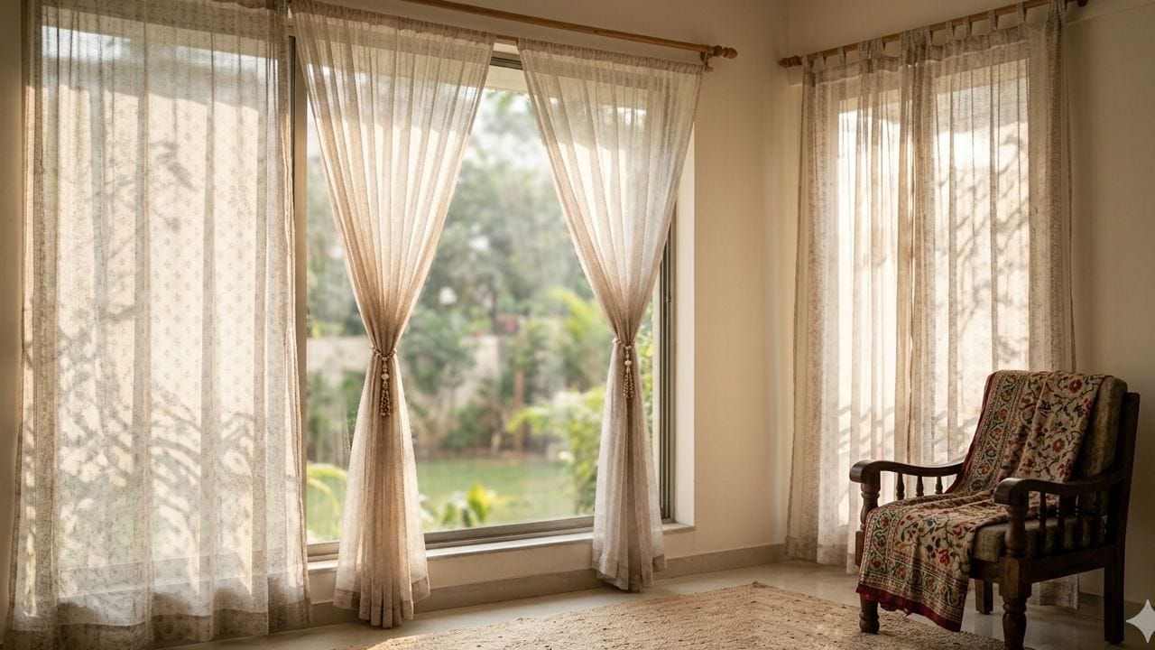 হালকা ওজনের নেটের বা জর্জেট ওড়নাগুলো জানালার পাতলা পর্দা হিসেবে ব্যবহার করা যায়। এর ভেতর দিয়ে যখন চুঁইয়ে আলো আসবে, তখন ঘরে এক মায়াবী পরিবেশ তৈরি হবে। বারান্দার জন্য এই ধরনের রঙিন পর্দা অত্যন্ত দৃষ্টিনন্দন দেখায়। Gemini AI