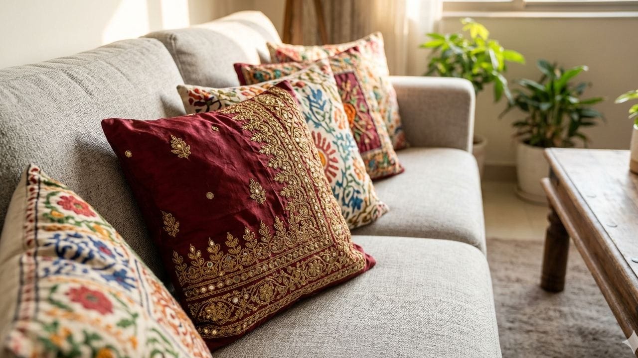 আপনার বসার ঘরের সোফাকে নতুনত্ব দিতে পুরোনো ওড়না দিয়ে তৈরি করুন উজ্জ্বল কুশন কভার। এমব্রয়ডারি বা মিরর ওয়ার্ক করা দোপাট্টাগুলো এই কাজে সবচেয়ে বেশি মানানসই। সামান্য সেলাইয়ের মাধ্যমেই সাধারণ ঘর হয়ে উঠতে পারে আভিজাত্যে ভরপুর। Gemini AI