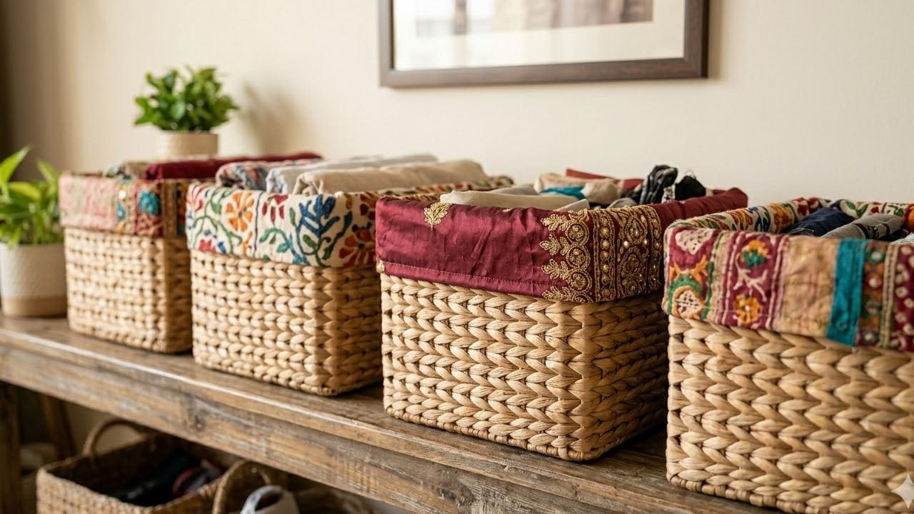 প্লাস্টিক বা বেতের ঝুড়িগুলোকে ওড়নার কাপড় দিয়ে মুড়িয়ে দিন। এতে সাধারণ স্টোরেজ বিনগুলোও আপনার গৃহসজ্জার অংশ হয়ে উঠবে। একই রঙের ওড়না ব্যবহার করলে ঘরের সামগ্রিক সজ্জায় একটি সামঞ্জস্য বজায় থাকবে। Gemini AI