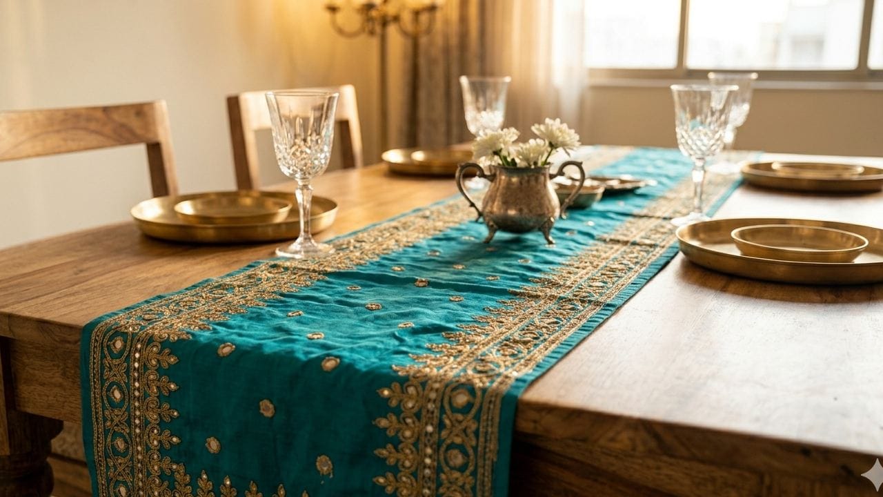 ডাইনিং টেবিল বা কফি টেবিলের ভোল বদলে দিতে একটি সিল্ক বা শিফনের ওড়নাই যথেষ্ট। ওড়নাটিকে লম্বালম্বি ভাঁজ করে টেবিল রানার হিসেবে বিছিয়ে দিন। উৎসবের দিনে কম খরচে টেবিল সাজানোর এর চেয়ে ভালো উপায় আর হয় না। Gemini AI