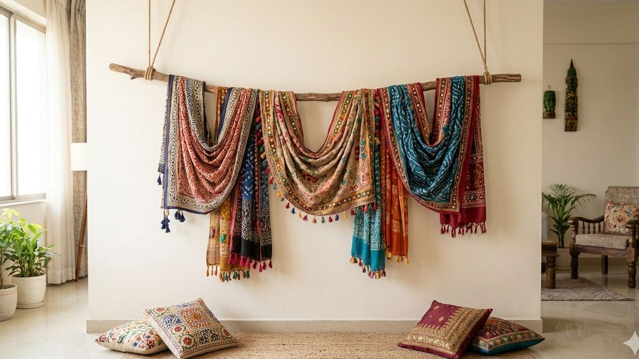 দেয়ালের একঘেয়েমি কাটাতে রঙিন ওড়নাকে ওয়াল হ্যাঙ্গিং হিসেবে ব্যবহার করুন। একটি কাঠের রড বা বাঁশের কাঠিতে ওড়নাটি ঝুলিয়ে দিলে ঘরে আসবে বোহো-চিক লুক। এটি বসার ঘর বা শোবার ঘরের খালি দেয়ালে প্রাণবন্ত ছোঁয়া যোগ করবে। Gemini AI