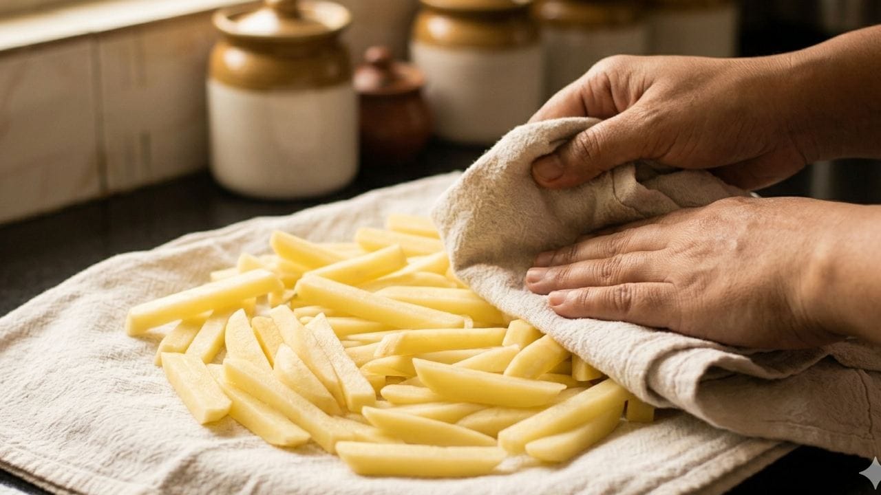 আলু কেটে ধোয়ার পর সরাসরি কড়াইয়ে দিয়ে দেওয়ার অভ্যাসটি আজই বদলান। এই বাড়তি জল তেলের তাপমাত্রা কমিয়ে দেয় এবং আলুকে কড়াইয়ের সঙ্গে আটকে দেয়। তাই ধোয়ার পর শুকনো কাপড়ে মুছে বা জল ঝরিয়ে তবেই ভাজুন। Gemini AI