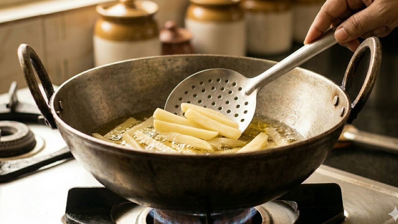 আলু কড়াইয়ে দেওয়ার পর সঙ্গে সঙ্গেই খুন্তি দিয়ে নাড়া শুরু করবেন না। এতে টুকরোগুলি ভেঙে গিয়ে তলায় লেপ্টে যাওয়ার সম্ভাবনা তৈরি হয়। বরং বাইরের অংশটা খানিকটা মুচমুচে হতে দিন, তারপর হালকা হাতে উল্টে দিন। Gemini AI