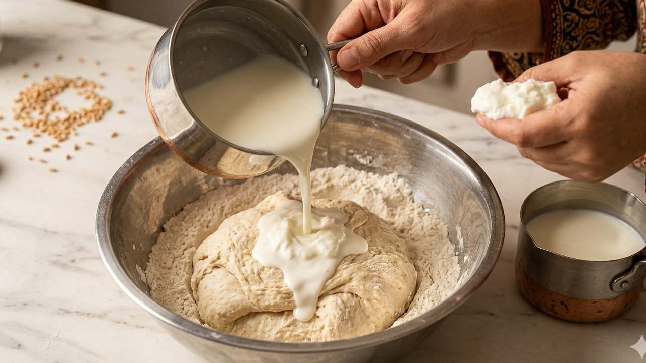 আটা মাখার সময় জলের সঙ্গে কিছুটা পরিমাণ হালকা গরম দুধ মিশিয়ে দিলে তার ফল পাওয়া যাবে হাতে-নাতে। দুধের ফ্যাট রুটির প্রতিটি স্তরে মিশে গিয়ে তাকে ভেতর থেকে মোলায়েম করে তুলতে সাহায্য করে। এর ফলে রুটি কেবল নরমই হয় না, বরং তার স্বাদ ও পুষ্টিগুণ দুই-ই অনেক বেড়ে যায়। Gemini AI