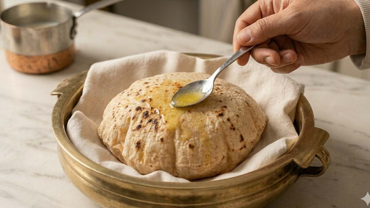 তাওয়া থেকে রুটি নামানোর পর বাতাসে রাখলে তা খুব দ্রুত জলীয় বাষ্প হারিয়ে শক্ত হতে শুরু করে। রুটি সেঁকা হয়ে গেলেই তাতে সামান্য ঘি বা মাখন লাগিয়ে নিলে সেটি সুরক্ষাকবচ হিসেবে কাজ করে। এই হালকা তেলের আস্তরণ রুটির আর্দ্রতাকে ভেতরেই আটকে রাখে, ফলে রুটি দীর্ঘক্ষণ তুলতুলে থাকে। Gemini AI