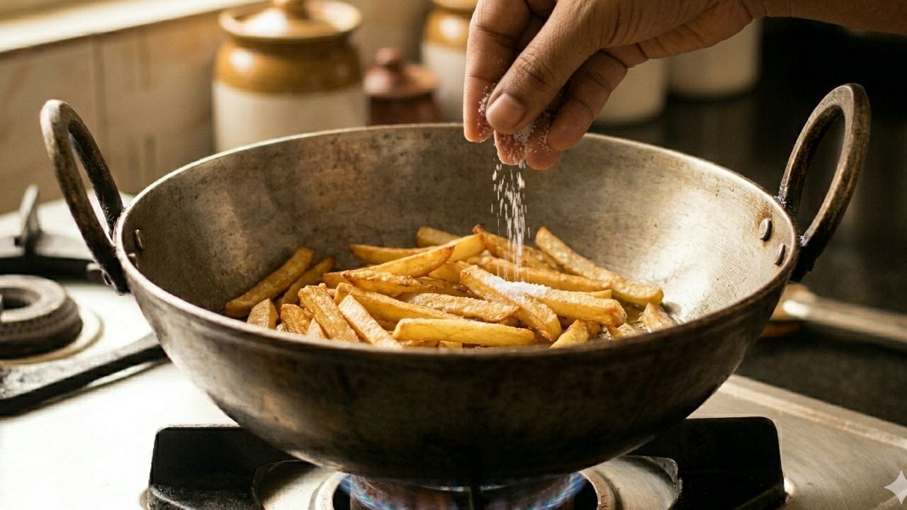 ভাজার শুরুতে লবণ দিলে আলু থেকে জল বের হতে শুরু করে, যা আলুভাজাকে নরম করে দেয়। আলু যখন প্রায় ভাজা হয়ে আসবে এবং লালচে ভাব ধরবে, ঠিক তখন লবণ মেশালে মুচমুচে ভাব অনেকক্ষণ অটুট থাকে। Gemini AI