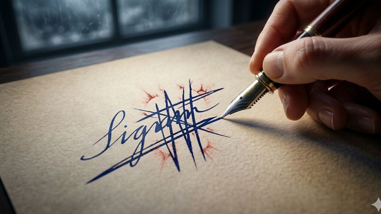 অনেকে সই করার পর মাঝখান দিয়ে একটি রেখা টেনে সেটি কেটে দেন।এটি সংগ্রামের প্রতীক; এমন মানুষের জীবনে লড়াইয়ের পথ বেশ দীর্ঘ হয়। এঁদের জীবনে বারবার উত্থান-পতন আসবার এক প্রবল সম্ভাবনা থেকে যায়। Gemini AI