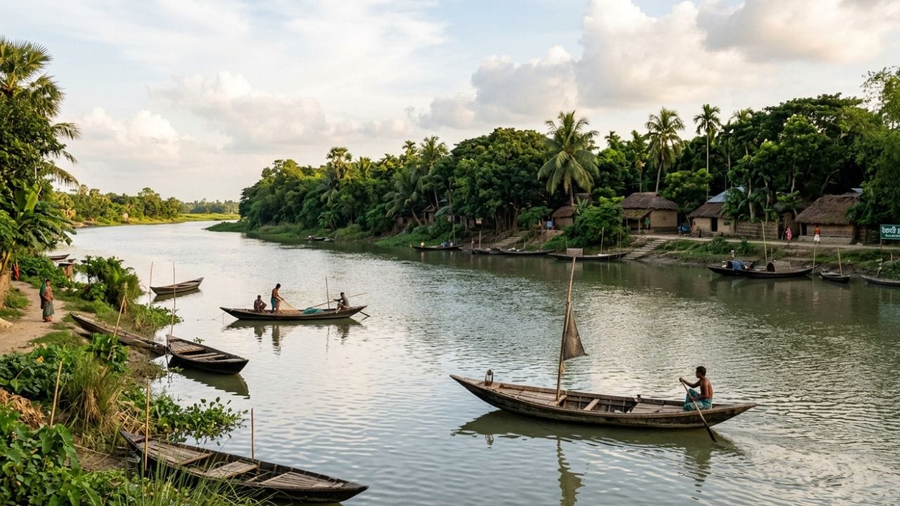 টাকি : দুই বাংলার সীমানায় ইচ্ছামতী নদীতে নৌকাবিহার। বিসর্জনের সময় এই স্থানের দৃশ্য থাকে দেখার মতো।  - AI