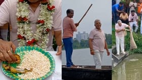 দখল হওয়া ভেড়ি উদ্ধার হতেই নৌকা চালিয়ে মাছ ধরলেন দিলীপ
