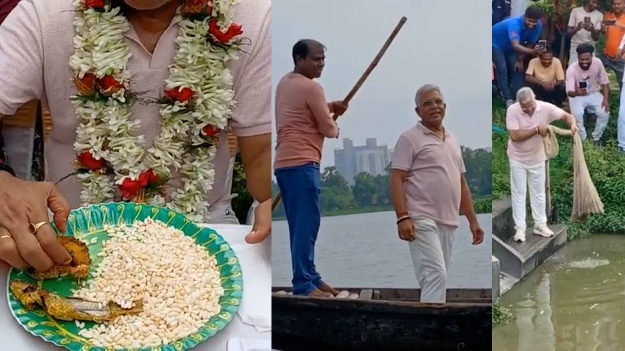 Dilip Ghosh in Fishing: দখল হওয়া ভেড়ি উদ্ধার হতেই নৌকা চালিয়ে মাছ ধরলেন দিলীপ, মন্ত্রীকে দেখেই জনতার ঢল