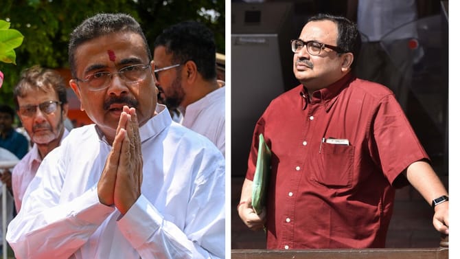 মুখোমুখি শুভেন্দুকে দেখেই চওড়া হাসি কুণালের, জড়িয়ে ধরলেন দিলীপ ঘোষ