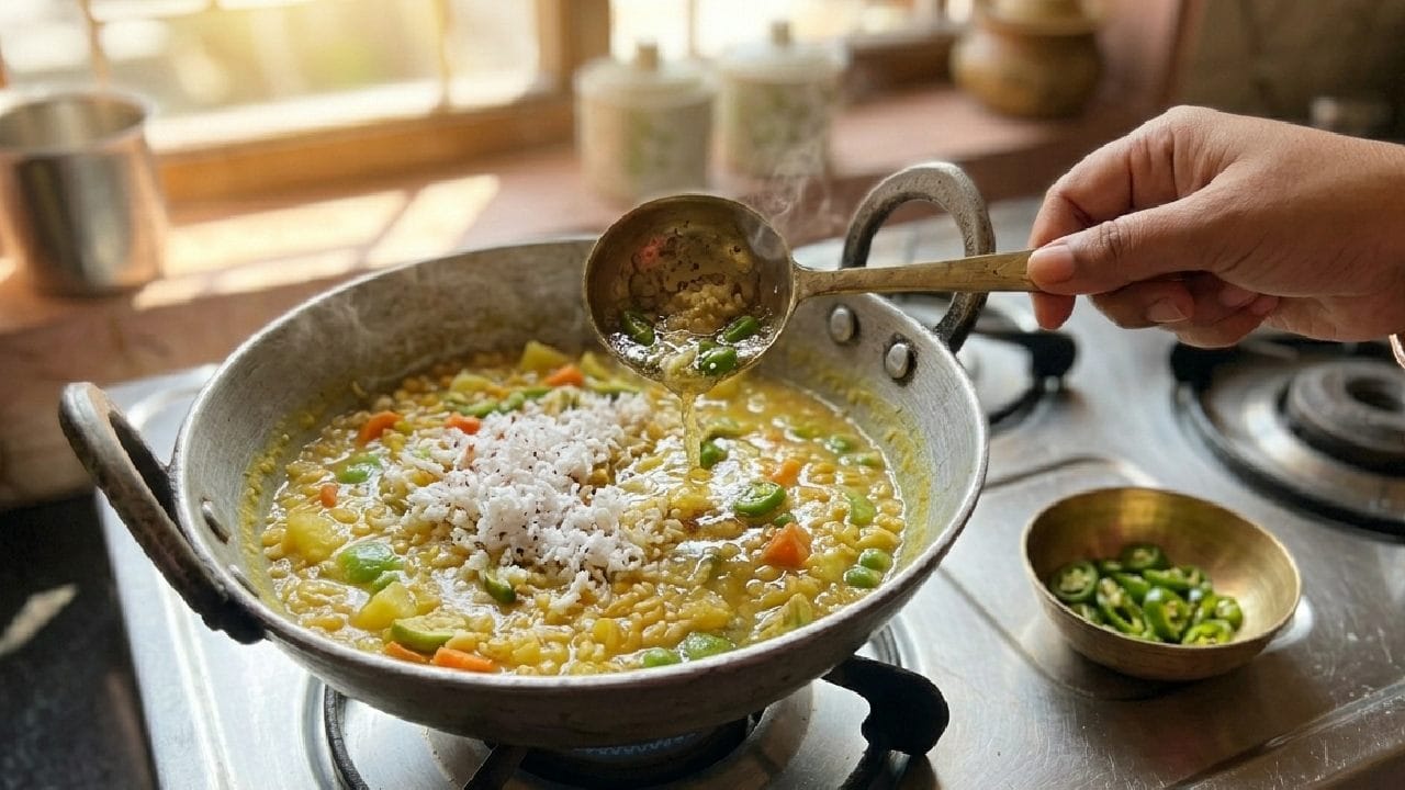 আদা বাটা, কাঁচালঙ্কা আর সামান্য হলুদ দিয়ে তৈরি এই পদটি অত্যন্ত সহজপাচ্য। স্বাদ বাড়াতে নারকেল কুচি বা ভাজা বড়ি দেওয়া যেতে পারে, কেউ কেউ শেষে একটু ঘিও মিশিয়ে নেন। সুস্থ শরীরেও এই হালকা ডাল খুব উপকারী, কারণ এটি হজম করতে কোনও সমস্যা হয় না। Gemini Ai