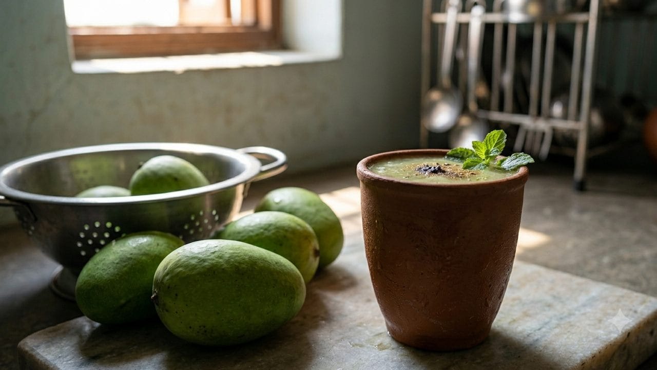 কাঁচা আম পুড়িয়ে তৈরি আম পান্না গ্রীষ্মকালের এক অত্যন্ত রিফ্রেশিং ও জনপ্রিয় পানীয়। এটি শরীরে নুনের ঘাটতি মেটায় এবং হিটস্ট্রোকের হাত থেকে রক্ষা করে। তীব্র গরমে শরীর ঠান্ডা রাখার পাশাপাশি এনার্জি ফিরিয়ে আনতেও এর সঙ্গে অন্য কিছুর তুলনা হয় না। Gemini AI