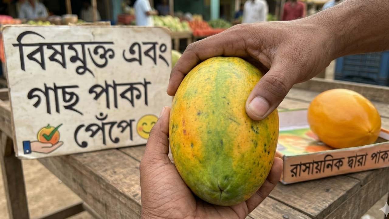 FSSAI-এর মতে, কার্বাইড থেকে নির্গত গ্যাস শরীরের জন্য মারাত্মক বিষাক্ত এবং হজমের সমস্যা তৈরি করে। তাই কেবল রূপ দেখে নয়, গুণ বিচার করে সঠিক পেঁপে বাড়িতে আনুন এবং পরিবারকে সুস্থ রাখুন। সঠিক পদ্ধতি অনুসরণ করলে আপনিও রাসায়নিকের ধোঁকা থেকে সহজেই বাঁচতে পারবেন।  Gemini AI