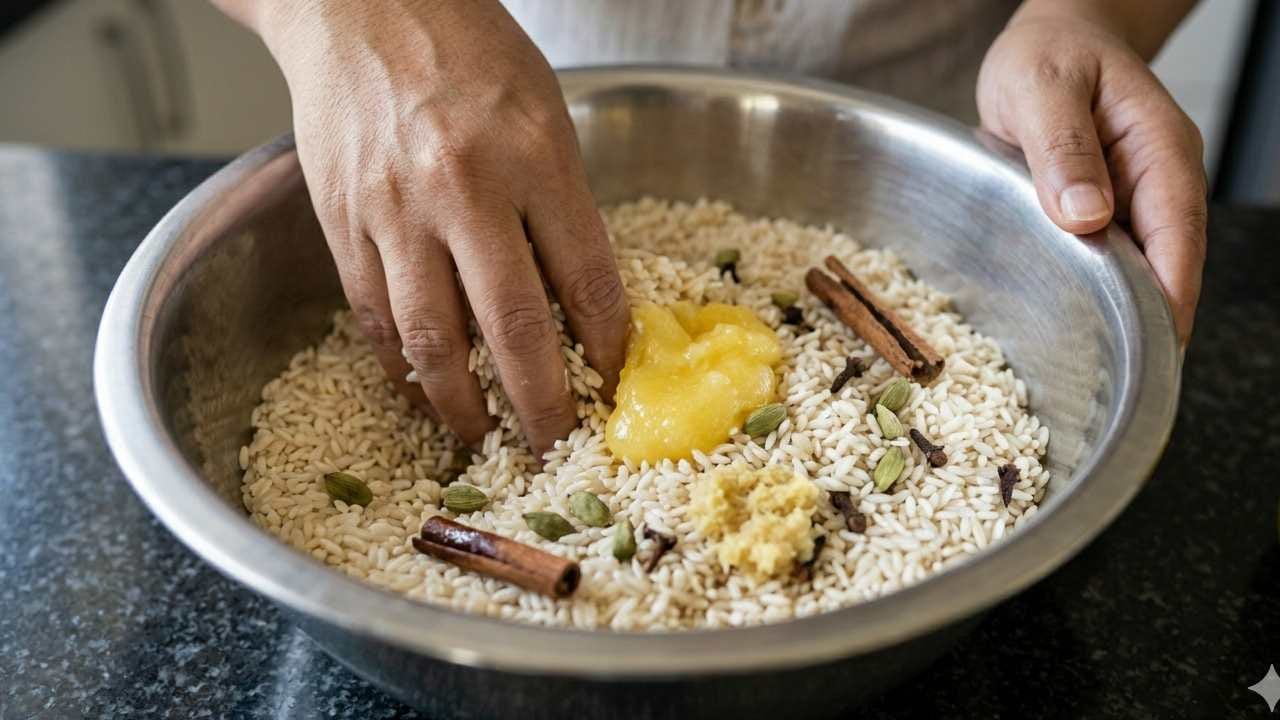 শুকনো চালের সঙ্গে এবার পরিমাণমতো ঘি দিয়ে ভালো করে মাখিয়ে নিন। এতে একে একে এলাচ, দারুচিনি, লবঙ্গ এবং আদা বাটা মিশিয়ে নিন। ঘি আর মশলার গন্ধে চালটি ম ম করবে রান্নার আগেই। Gemini AI
