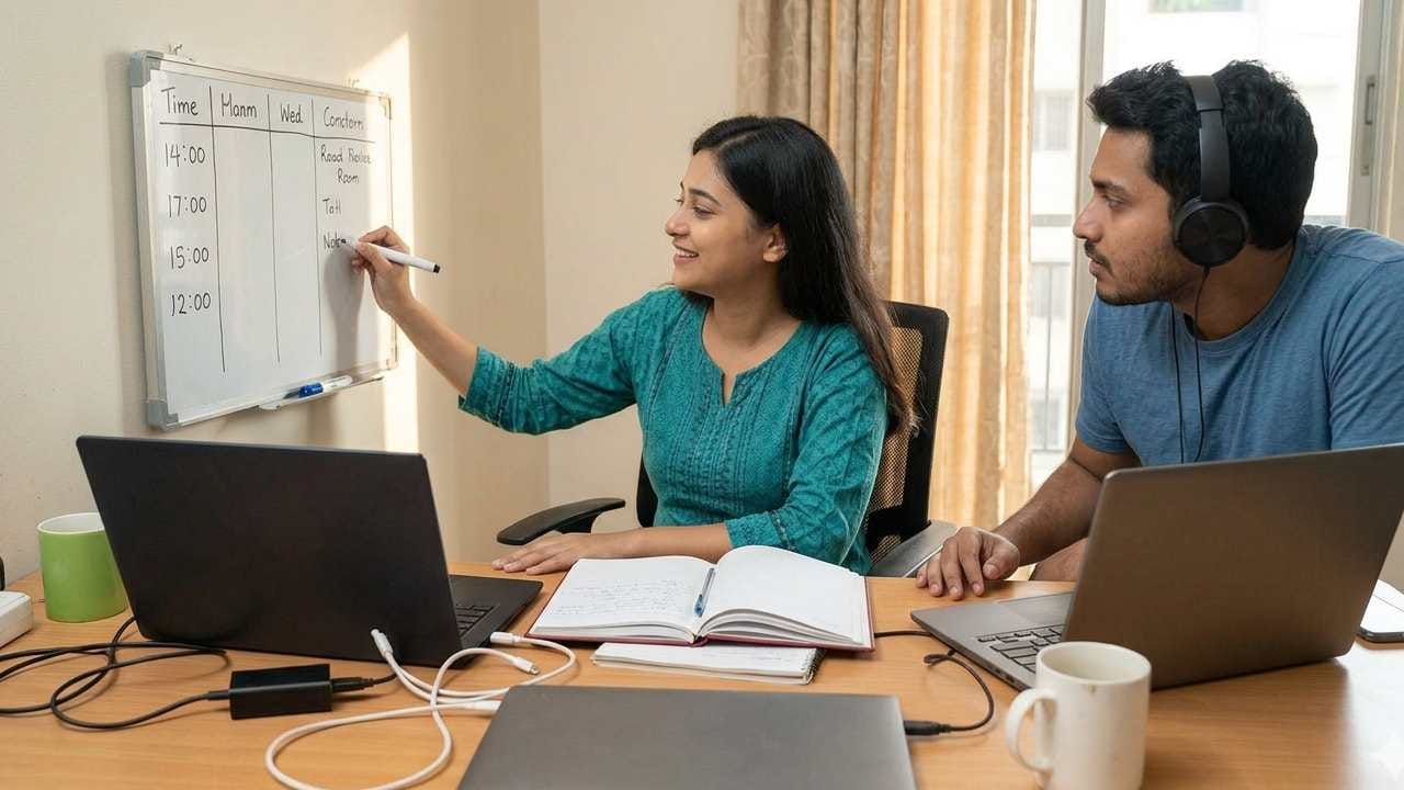 কে কখন কাজ করবে, কে নীরবতা চাইবে ঠিক করুন।  ছোট বিষয়ে বিরক্তি এলে কথা বলে মিটিয়ে নিন।  ধীরে ধীরে একটা ছন্দ তৈরি হলে সব সহজ হবে। Gemini AI