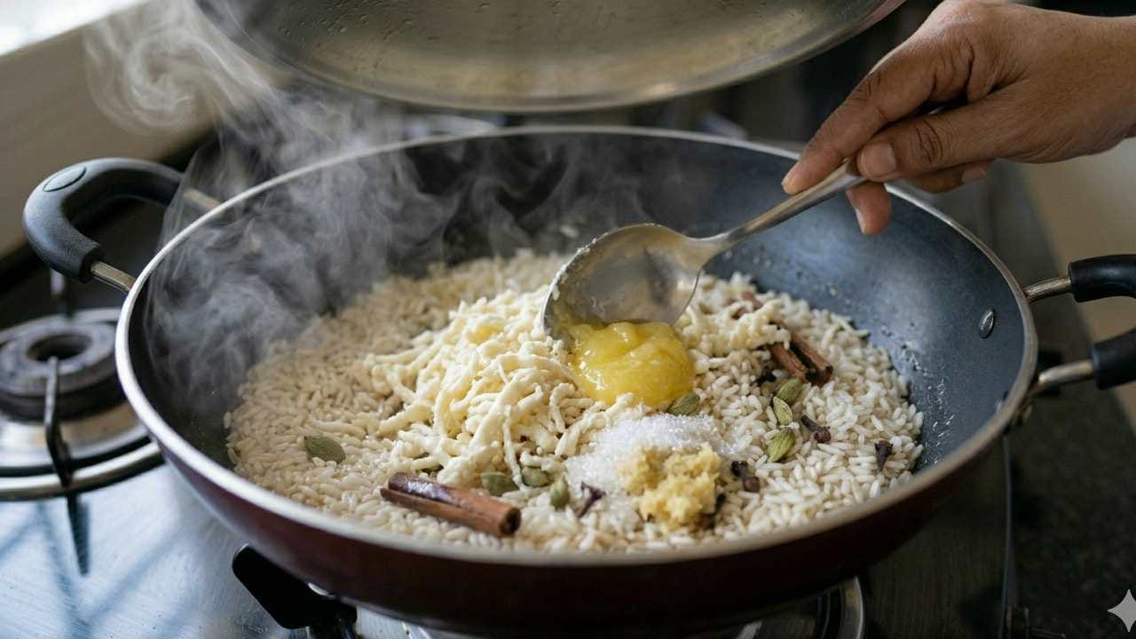 চাল সিদ্ধ হয়ে এলে ঢাকনা সরিয়ে তাতে প্রয়োজনমতো চিনি দিন। এরপর ওই মিশ্রণে গ্রেট করা খোয়া ক্ষীর এবং আরও কিছুটা ঘি ছড়িয়ে দিন। সব উপকরণ হালকা হাতে মিশিয়ে নিয়ে আবার মিনিট তিনেক দমে রাখুন। Gemini AI