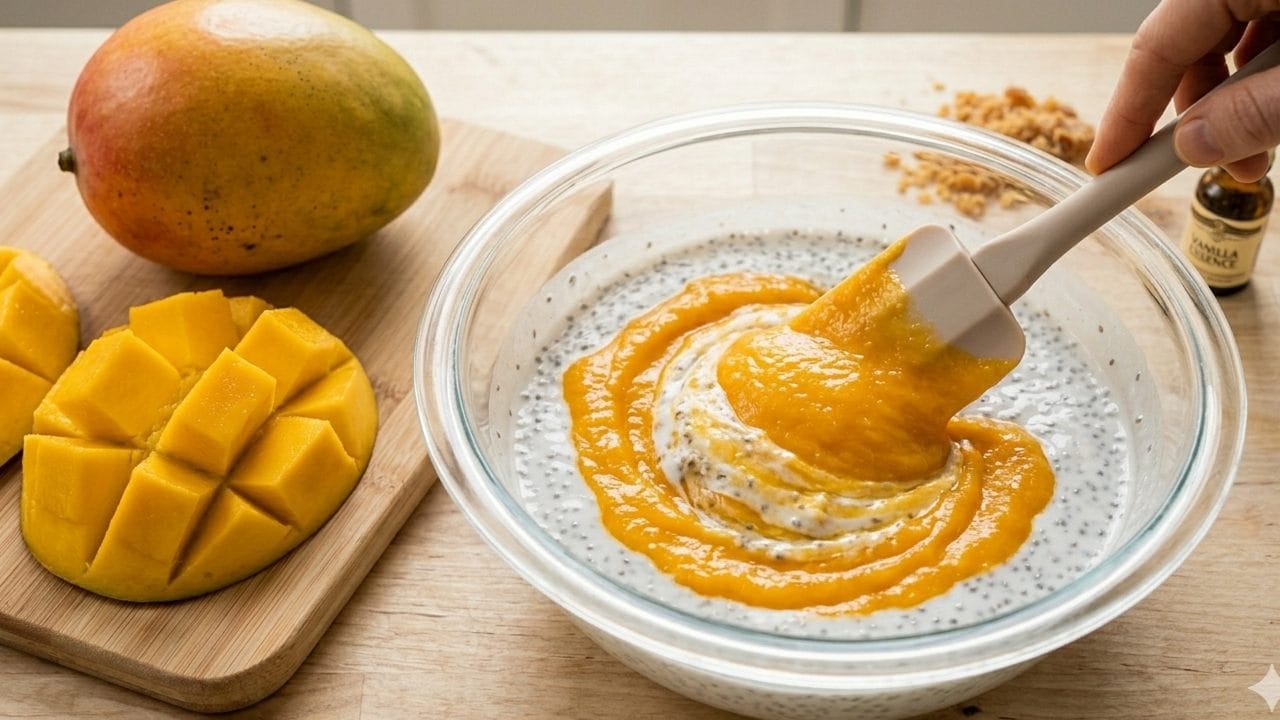 এবার আমের খোসা ছাড়িয়ে আঁটি বাদ দিয়ে মিক্সার গ্রাইন্ডারে একটি মসৃণ পিউরি তৈরি করে নিন। তৈরি হওয়া ম্যাঙ্গো পিউরির তিন-চতুর্থাংশ বা চার ভাগের তিন ভাগ চিয়া সিডসের মিশ্রণে ঢেলে দিন। এর সঙ্গেই পাত্রে যোগ করুন পরিমাণমতো গুড়। Gemini Ai