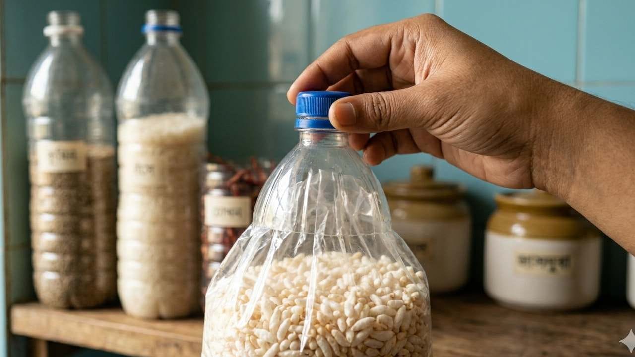 খোলা ময়দা বা বিস্কুটের প্যাকেটের মুখ বন্ধ করতে বোতলের উপরের অংশটি কেটে ব্যবহার করুন। প্যাকেটের মুখ বোতলের ভেতর দিয়ে গলিয়ে ছিপিটি আটকে দিলে তৈরি হয়ে যাবে এয়ারটাইট সিলার। এটি খাবারকে ড্যাম্প হওয়ার হাত থেকে বাঁচায় এবং ক্যাবিনেটে নোংরা হওয়া রোধ করতে সাহায্য করে। Gemini AI
