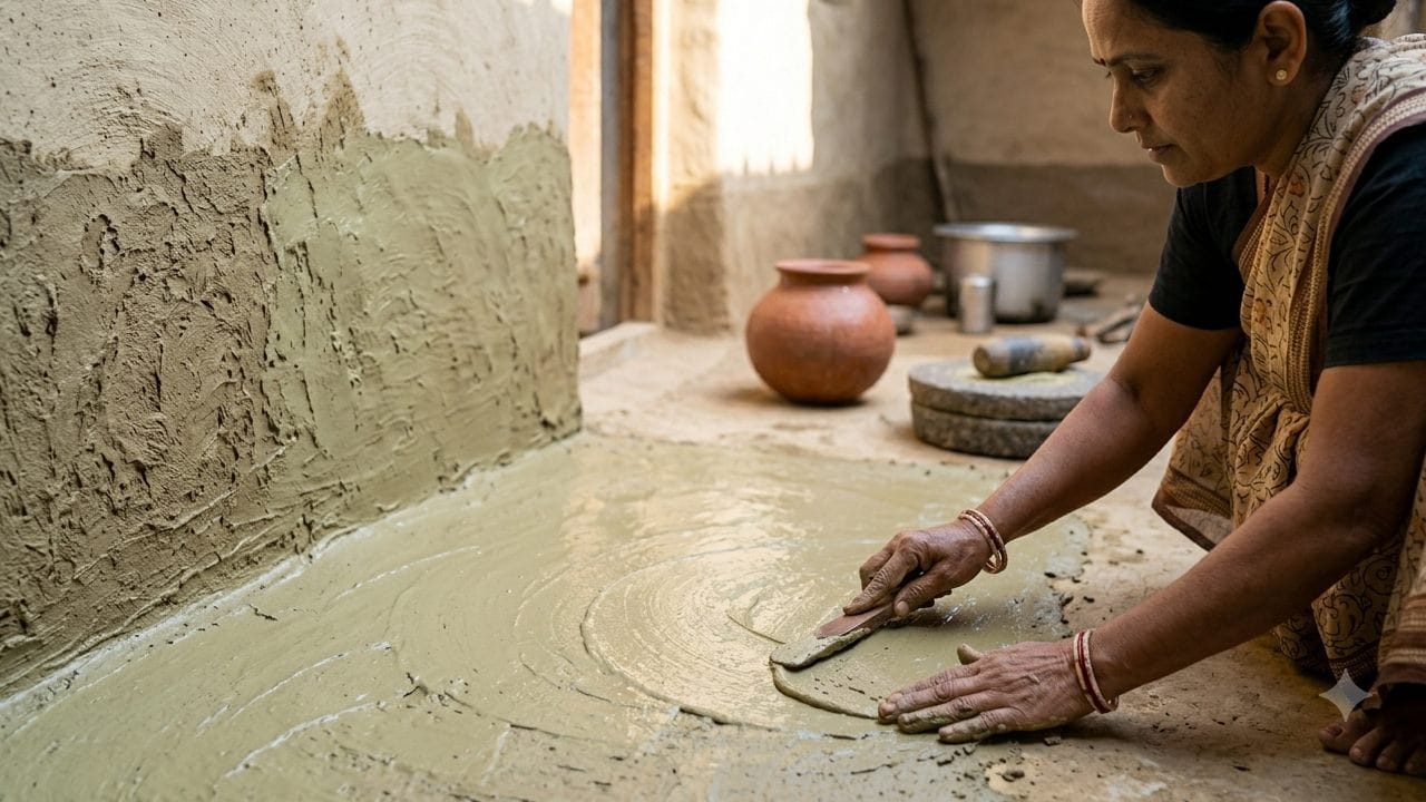 গ্রামবাংলার মাটির বাড়িতে মেঝে ও দেওয়ালে গোবরের প্রলেপ দেওয়ার রীতি বহু পুরনো। এটি তাপ নিরোধক হিসেবে কাজ করে, ফলে বাইরের কাঠফাটা রোদ ঘরের ভিতর ঢুকতে পারে না। এছাড়াও এর জীবাণুনাশক ক্ষমতা থাকার কারণে গরমে ঘর সুস্থ ও ঠান্ডা থাকে। Gemini AI