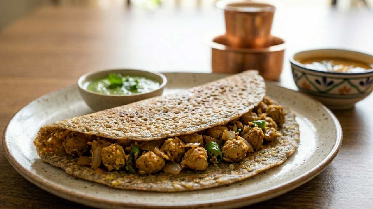 সয়াবিন ধোসা নিরামিষাশীদের জন্য সয়াবিন হল প্রোটিনের অন্যতম প্রধান উৎস। সেদ্ধ করা সয়া গ্র্যানিউলস ব্যাটারে মিশিয়ে বা পুর হিসেবে ব্যবহার করে তৈরি করুন সয়া ধোসা। সামান্য পেঁয়াজ, কাঁচালঙ্কা আর ধনেপাতা কুচি ছিটিয়ে দিলে এর স্বাদ কয়েক গুণ বেড়ে যায়। Gemini Ai
