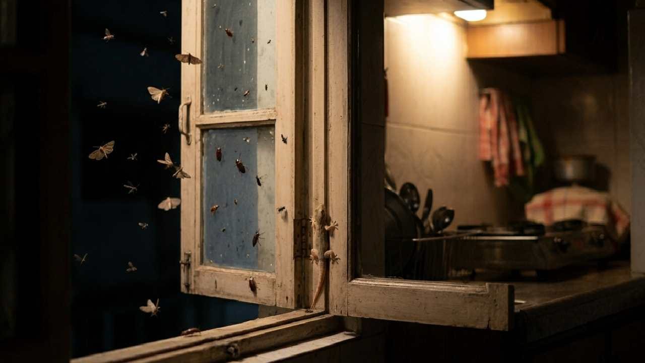 রাতের বেলা রান্নাঘরের জানলা বা ভেন্টিলেটর খোলা থাকলে ঘরের আলোয় আকৃষ্ট হয়ে প্রচুর পতঙ্গ ভেতরে প্রবেশ করে। আর এই পতঙ্গদের পিছু পিছু টিকটিকিও খুব সহজে ঘরে ঢুকে পড়ে। রাতে জানলা বন্ধ রাখা অথবা নেট ব্যবহার করা সবথেকে নিরাপদ।  Gemini Ai