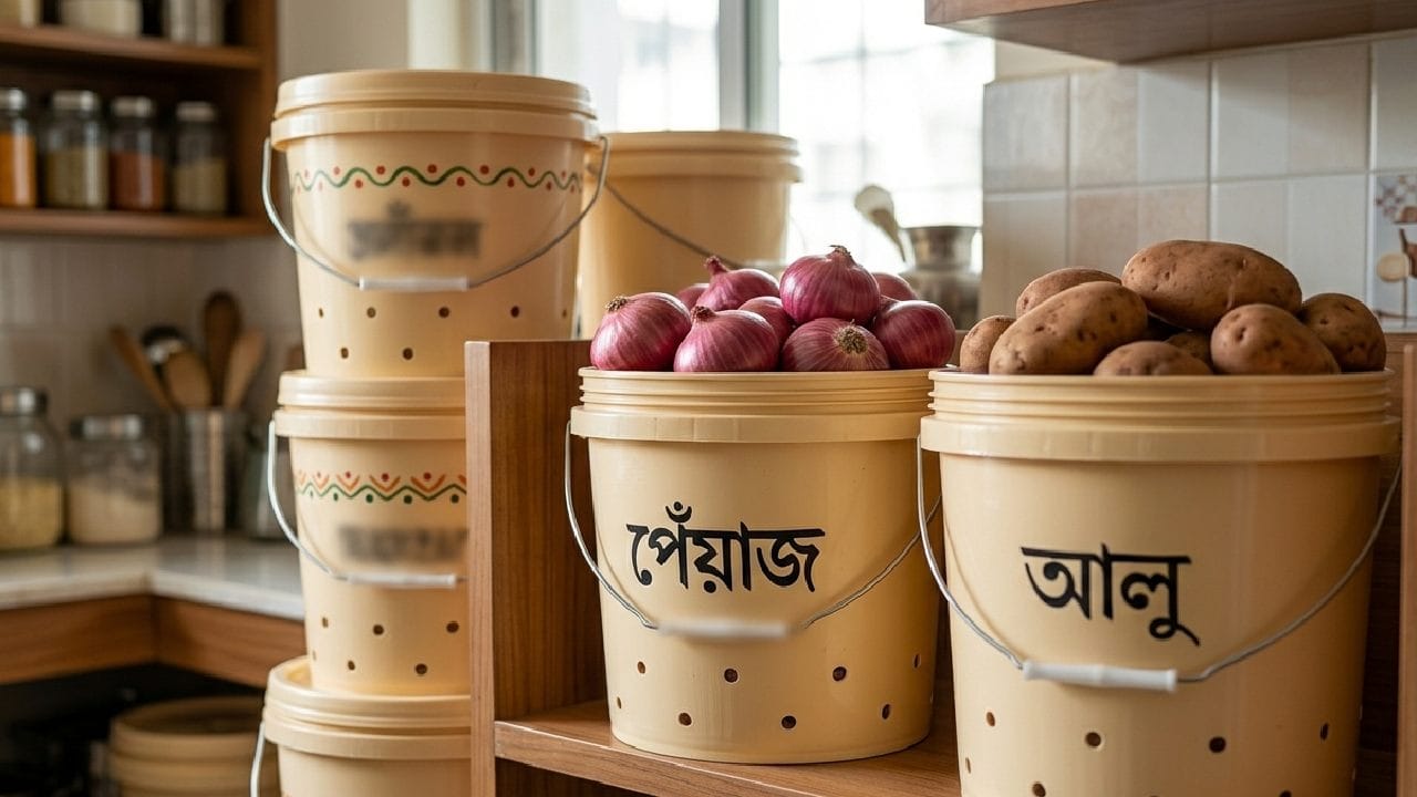 রান্নাঘরে আলু, পেঁয়াজ বা এই জাতীয় আনাজপাতি গুছিয়ে রাখার জন্য এই বালতিগুলো ব্যবহার করা যেতে পারে। তবে খেয়াল রাখতে হবে, বালতির গায়ে যেন ছোট ছোট বাতাস চলাচলের ছিদ্র থাকে, যাতে আনাজ নষ্ট না হয়ে যায়। সুন্দর করে সাজানো এই বালতিগুলো রান্নাঘরের সৌন্দর্য অনেকখানি বাড়িয়ে দেয়।  Gemini Ai