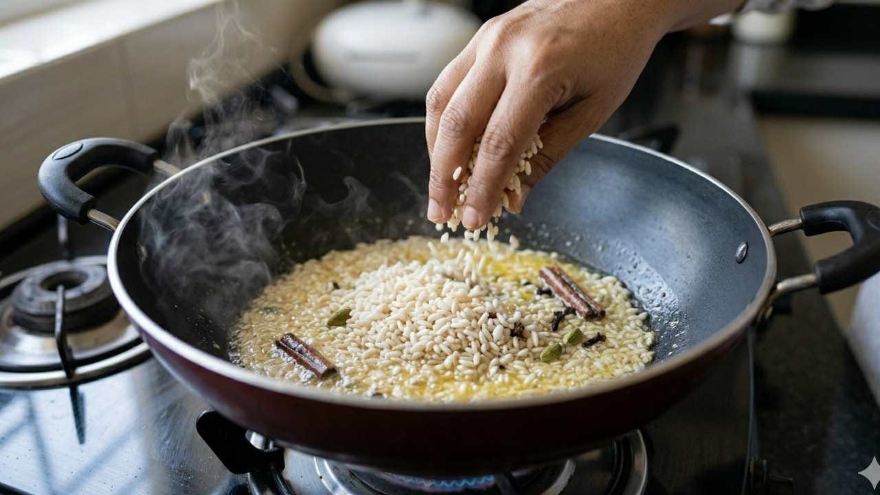 কড়াইতে সাদা তেল গরম করে সামান্য ঘি মিশিয়ে নিন। এবার মশলা দিয়ে মেখে রাখা চালগুলো কড়াইতে দিয়ে দিন। হালকা আঁচে চালটি কিছুক্ষণ নেড়েচেড়ে ভেজে নিতে হবে যেন গন্ধ ছড়িয়ে পড়ে। Gemini AI