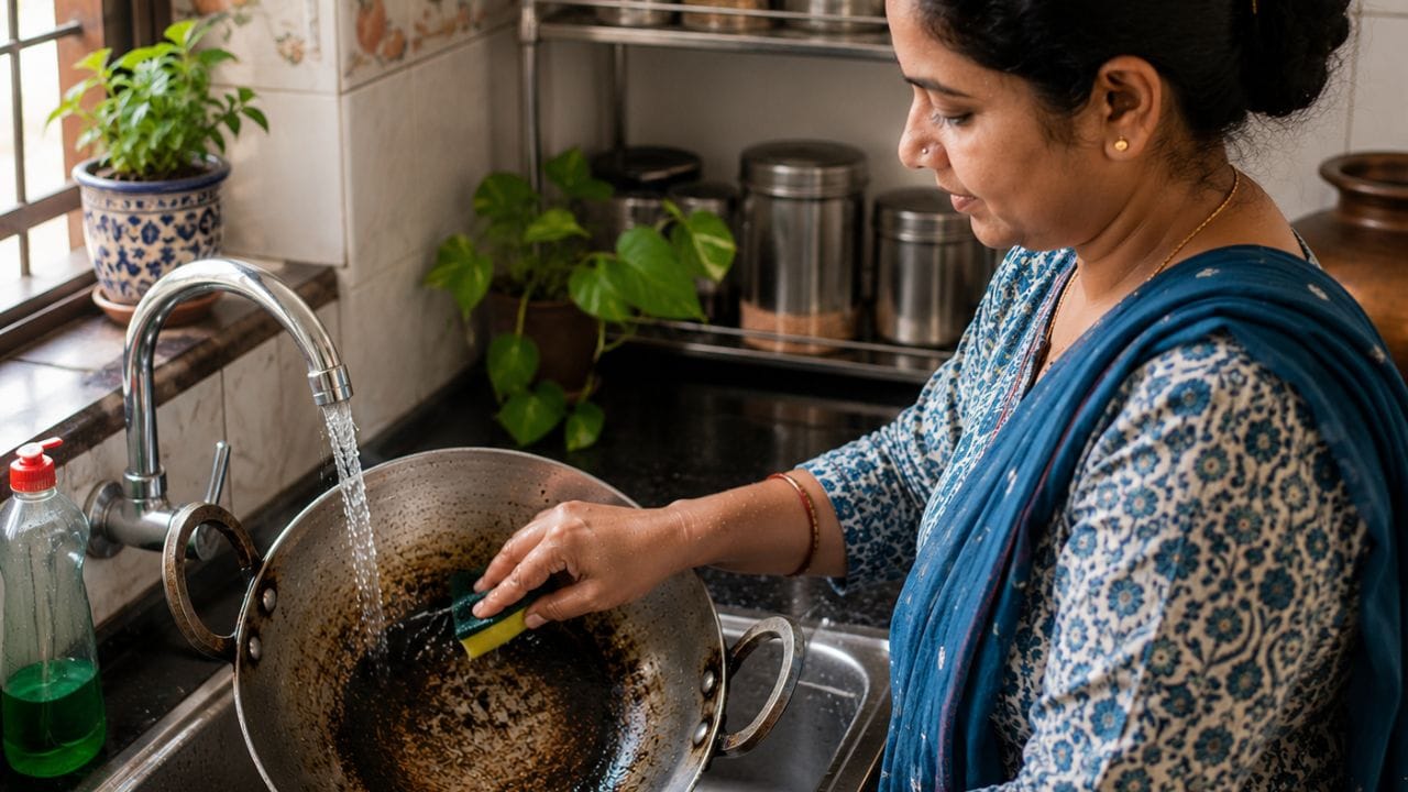 নুন ও ডিটারজেন্ট পাউডার: পোড়া কড়াইতে জল দিয়ে তাতে ১ চামচ নুন এবং ১ চামচ ডিটারজেন্ট পাউডার দিয়ে ১০ মিনিট ফুটিয়ে নিন। এরপর জল ফেলে দিয়ে হালকা ঘষলেই কড়াই নতুনের মতো চকচকে হবে।