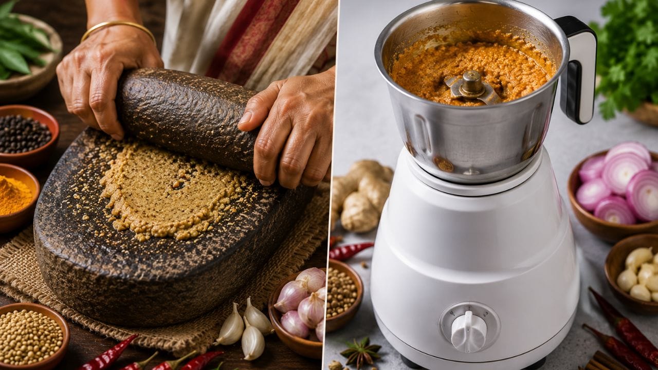 শিল-নোড়া: আয়ুর্বেদ শাস্ত্র অনুযায়ী, পাথরে ঘষে তৈরি করা মশলা শরীরের জন্য বেশি 'শীতল' ও উপকারী। এটি প্রাকৃতিক উপায়ে অ্যান্টি-ব্যাকটেরিয়াল গুণের ভারসাম্য বজায় রাখে। মিক্সার: মিক্সারের স্টিল ব্লেডের ঘর্ষণ ও ধাতব সংস্পর্শে মশলার প্রাকৃতিক উপাদানের রাসায়নিক গঠনে সামান্য পরিবর্তন আসতে পারে, যা আয়ুর্বেদ মতে কম গ্রহণযোগ্য।
