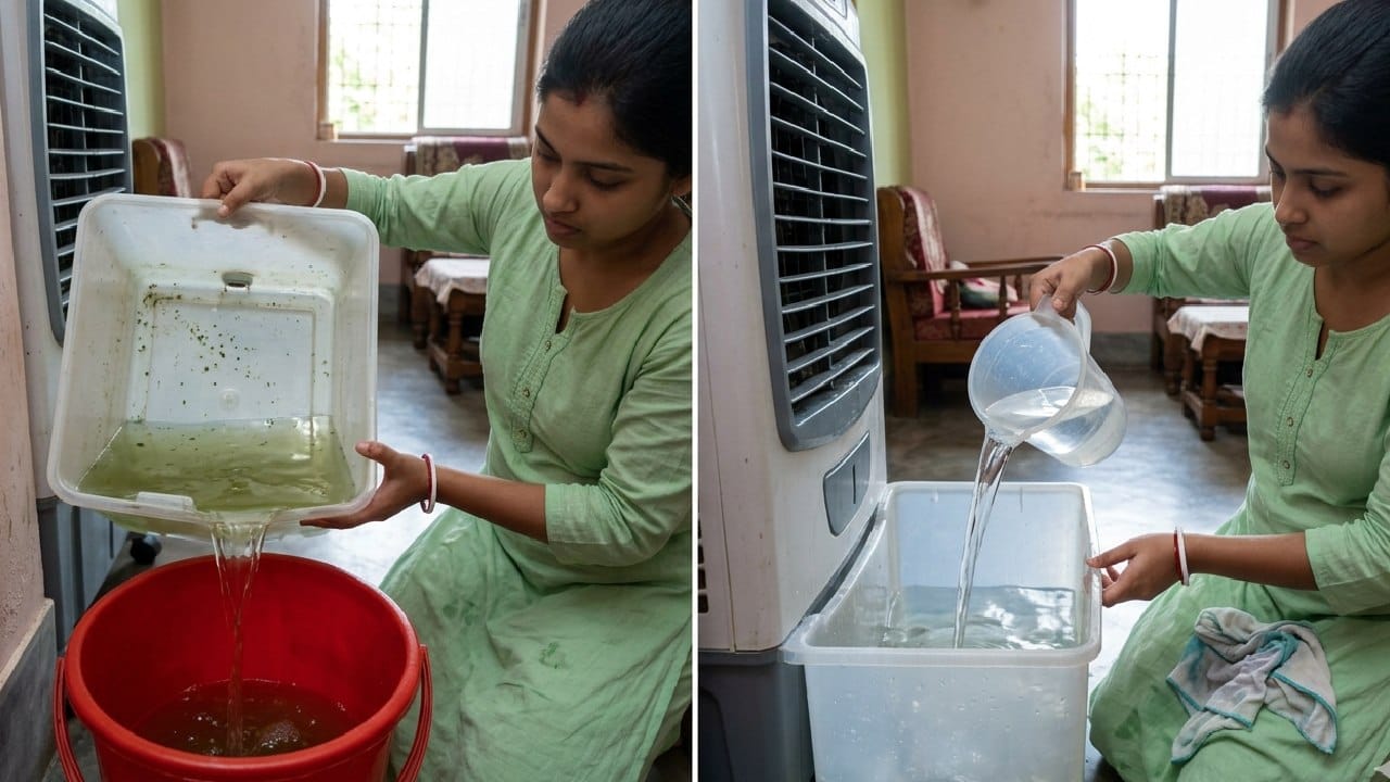 এয়ার কুলারে আঁশটে দুর্গন্ধের অন্যতম প্রধান কারণ হল দীর্ঘক্ষণ জমে থাকা নোংরা জল। তাই সবার আগে কুলারের জল পরিবর্তন করা অত্যন্ত জরুরি কারণ দীর্ঘদিনের জমা জলেই ব্যাকটেরিয়ার বংশবৃদ্ধি ঘটে। ট্যাঙ্কটি সম্পূর্ণ খালি করে ভালো করে ধুয়ে নিয়ে তাতে আবার পরিষ্কার এবং তাজা জল ভরে দিন। Gemini Ai