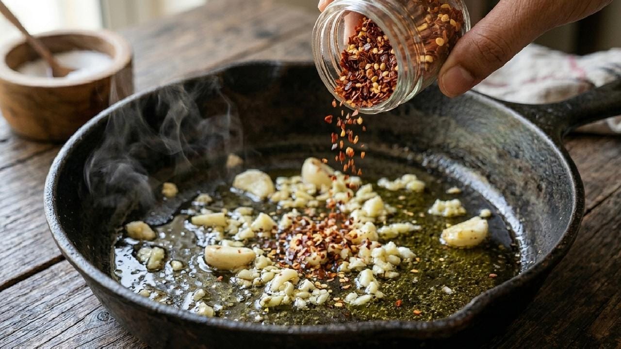 এরপর রসুনের সঙ্গে প্যানে মেশাতে হবে লাল লঙ্কার গুঁড়ো বা চিলি ফ্লেক্স। তেলের মধ্যেই চিলি ফ্লেক্স ভালো করে ভেজে নিলে পাস্তায় এক দারুণ ঝাল ঝাল স্বাদ তৈরি হয়। ঝালপ্রেমীদের জন্য এই ধাপটি কিন্তু ভীষণ জরুরি। Gemini Ai