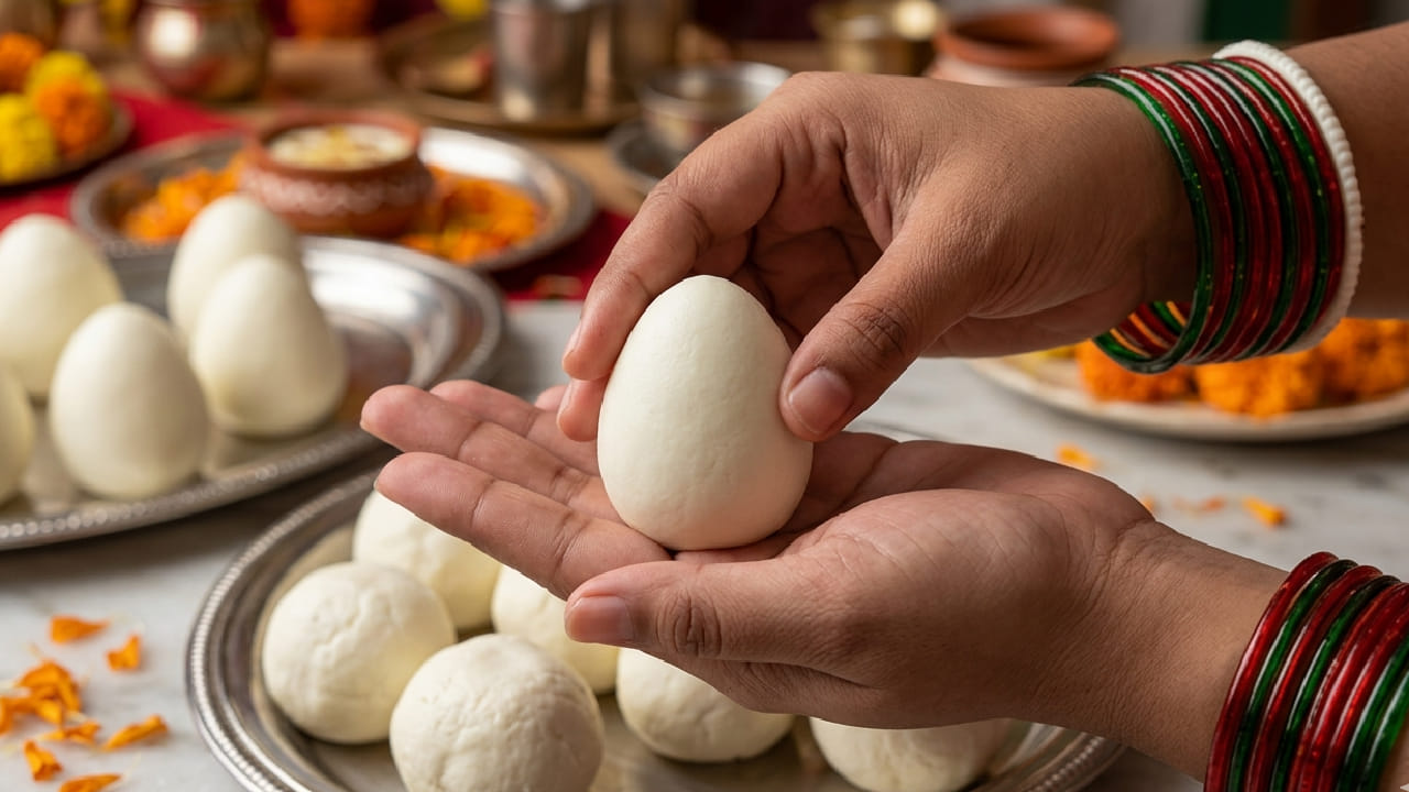 ভেতরে পুর ভরা ছানার গোল্লাটিকে এবার হাতের তালুর সাহায্যে হালকা চেপে হুবহু একটা সেদ্ধ ডিমের মতো ডিম্বাকৃতি রূপ দিন। এইভাবে একে একে বাকি সমস্ত ছানা এবং পুর দিয়ে নিখুঁত ডিমের আকারের সন্দেশগুলো গড়ে একটি প্লেটে সাজিয়ে রাখুন। Gemini Ai