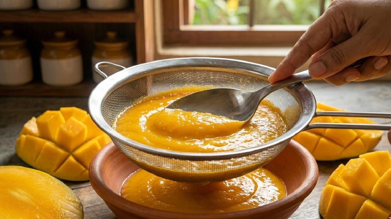 আমের ফুলুরি এবং মালপোয়া বানানোর প্রথম ও প্রধান কাজ হল আম থেকে ভালো করে ক্বাথ বের করে নেওয়া। এর জন্য পাকা আমগুলির খোসা ছাড়িয়ে প্রথমে বড় টুকরো করে কেটে নিতে হবে এবং তারপর একটি ছাকনির সাহায্যে আমের একদম মসৃণ ক্বাথ বা পাল্প বের করে আলাদা পাত্রে রেখে দিতে হবে। Gemini Ai