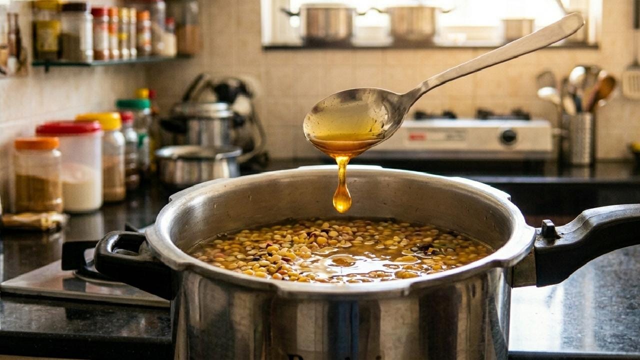 এই বাটি ফর্মুলার পাশাপাশি রান্না করার সময় আরও একটি অত্যন্ত সহজ অথচ দারুণ কার্যকরী ঘরোয়া কৌশল অনায়াসে কাজে লাগাতে পারেন। ডাল বা রাজমা সেদ্ধ করার সময় কুকারের জলের মধ্যে মাত্র এক চামচ তেল কিংবা খাঁটি ঘি মিশিয়ে দিন। তেল বা ঘিয়ের উপস্থিতি ডালের স্টার্চ ও প্রোটিনের রাসায়নিক বিক্রিয়ায় তৈরি হওয়া ফেনাকে নিমেষের মধ্যে ভেঙে দেয় এবং বড় বুদবুদ তৈরি হতে বাধা দেয়। Gemini Ai