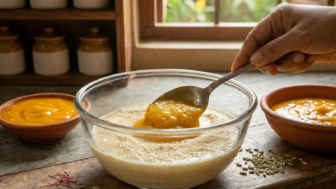 অন্যদিকে নরম মালপোয়া বানানোর জন্য প্রথমে একটি বাটিতে পরিমাণ মতো সুজি নিয়ে তাতে গরম দুধ ঢেলে বেশ খানিকক্ষণ ভিজিয়ে রাখতে হবে। অন্তত আধ ঘণ্টা পর সুজিগুলো যখন একদম নরম হয়ে ফুলে উঠবে, তখন তার মধ্যে গমের আটা, চিনি এবং স্বাদমতো নুন যোগ করতে হবে। Gemini Ai