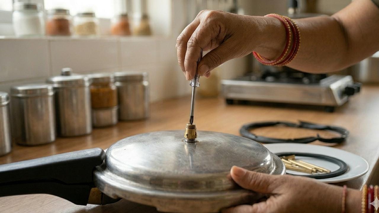 অনেক সময় কুকারের ঢাকনার সেফটি ভালভটি সামান্য গলে গেলে বা আলগা হয়ে গেলেও ভেতর থেকে হাওয়া লিক করতে থাকে। যদি দেখেন রাবার এবং ভেন্ট পাইপ ঠিক থাকার পরেও কুকার থেকে অনবরত হাওয়া বেরোচ্ছে তবে সেফটি ভালভটি পরীক্ষা করা জরুরি। এটি সামান্য আলগা থাকলে স্ক্রু-ড্রাইভার দিয়ে ঘরেই একটু টাইট করে দেওয়া যেতে পারে। Gemini AI