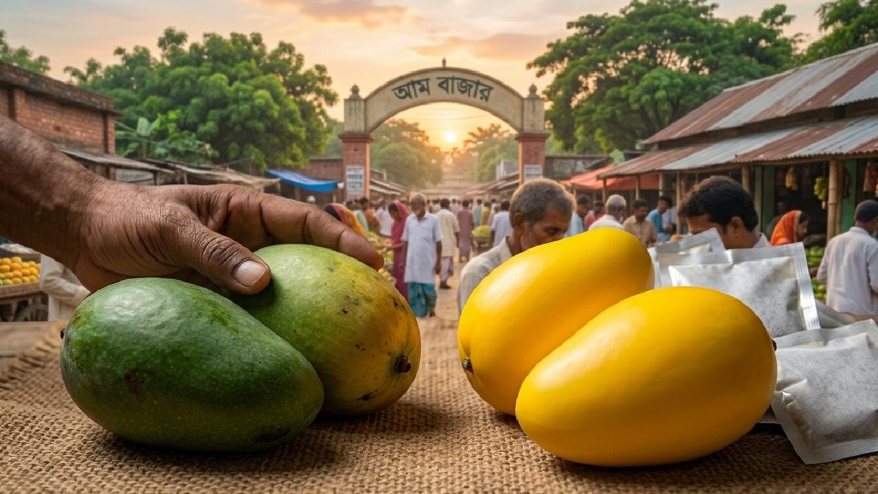 বাজারের সব আমে রাসায়নিক না থাকলেও কিছু সাধারণ লক্ষণ দেখে কৃত্রিমভাবে পাকানো ক্ষতিকর আম সহজেই চেনা সম্ভব। এসব আমের বাইরের অংশ সম্পূর্ণ গাঢ় হলুদ দেখালেও ভেতরের অংশ কাঁচা থাকে এবং আমের ডাঁটার চারপাশ কাঁচা কিন্তু বাকি অংশ হলুদ দেখায়। কৃত্রিম আমের ত্বক অস্বাভাবিক চকচকে হয় এবং প্রাকৃতিকভাবে পাকা আমের মতো মিষ্টি সুবাস এতে একেবারেই পাওয়া যায় না। Gemini Ai
