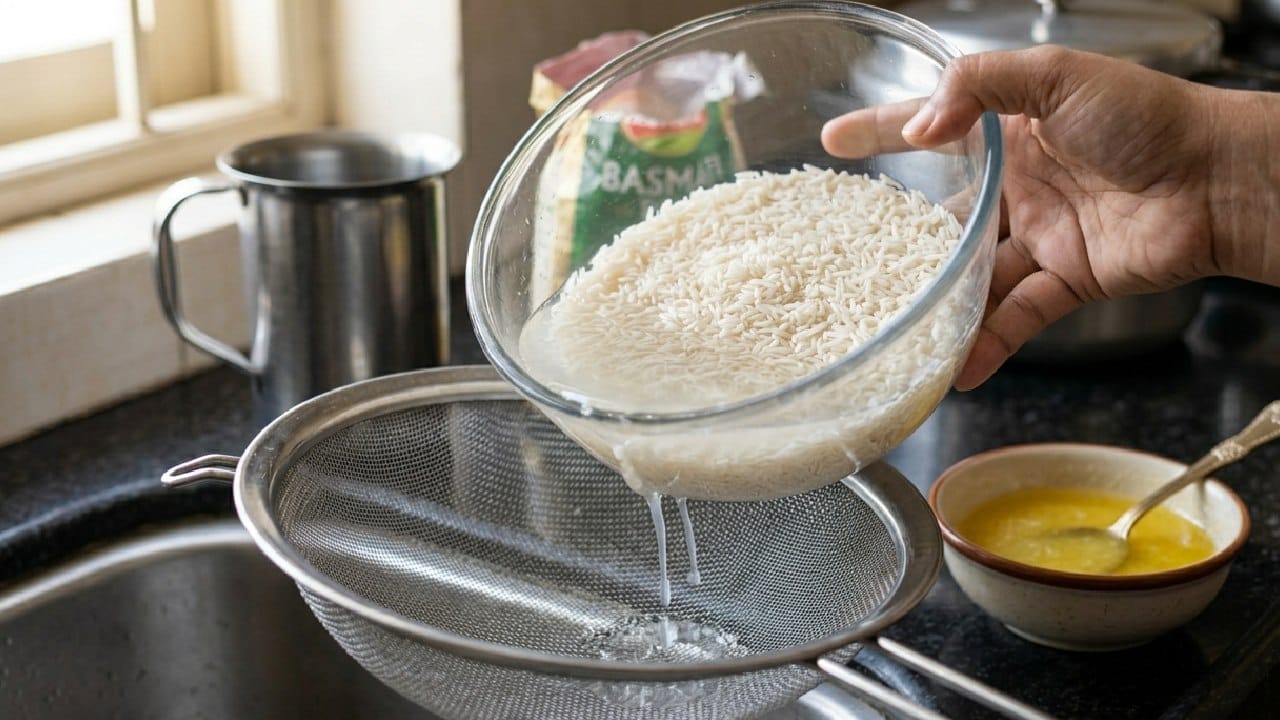 চাল ভিজে গেলে একটি ছাঁকনির সাহায্যে খুব ভালো করে জল ঝরিয়ে নিতে হবে। খেয়াল রাখবেন চালে যেন একটুও জল অবশিষ্ট না থাকে, কারণ জল থাকলে পোলাও ঝরঝরে হতে চায় না। এরপর চালের সঙ্গে অল্প ঘি মাখিয়ে কিছুক্ষণ রেখে দিলে স্বাদ ও গন্ধ দুই-ই চমৎকার হয়। Gemini Ai