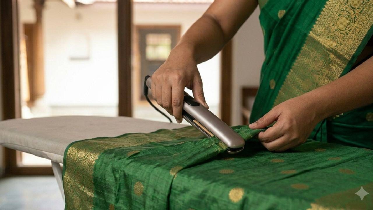 আজকাল অনেকেই শাড়ির কুঁচি বা আঁচল একদম নিখুঁত ও টানটান দেখাতে হেয়ার স্ট্রেটনার ব্যবহার করেন, যা সিল্কের সুতোর মারাত্মক ক্ষতি করে। স্ট্রেটনারের সরাসরি ও তীব্র তাপ সিল্কের প্রাকৃতিক আর্দ্রতা ও স্বাভাবিক উজ্জ্বলতা সম্পূর্ণ কেড়ে নিয়ে কাপড়কে রুক্ষ ও খসখসে বানিয়ে দেয়। বারবার একই ভাঁজে এই ধরনের যন্ত্র ব্যবহারের ফলে কাপড়ের তন্তু পুড়ে দুর্বল হয়ে যায় এবং সামান্য টানেই শাড়িটি মাঝখান থেকে ছিঁড়ে যেতে পারে। Gemini Ai