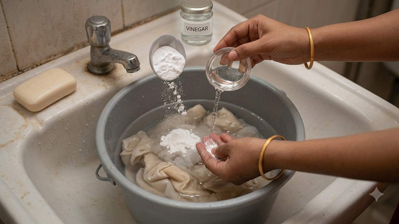 কাপড় কাচার পদ্ধতিতে সামান্য কিছু বদল আনলেই এই সমস্যার হাত থেকে সহজে মুক্তি পাওয়া সম্ভব। বালতিতে জল নিয়ে ডিটারজেন্টের সঙ্গে সামান্য পরিমাণ বেকিং সোডা মিশিয়ে কাপড় ভিজিয়ে রাখলে তা দুর্গন্ধ সৃষ্টিকারী ব্যাকটেরিয়া ধ্বংস করে। এছাড়া কাপড় কাচার পর শেষবার ধোয়ার জলের সঙ্গে কয়েক ফোঁটা লেবুর রস বা ভিনেগার মিশিয়ে নিলে ভ্যাপসা গন্ধ নিমেষেই উধাও হয়ে যায়। Gemini AI