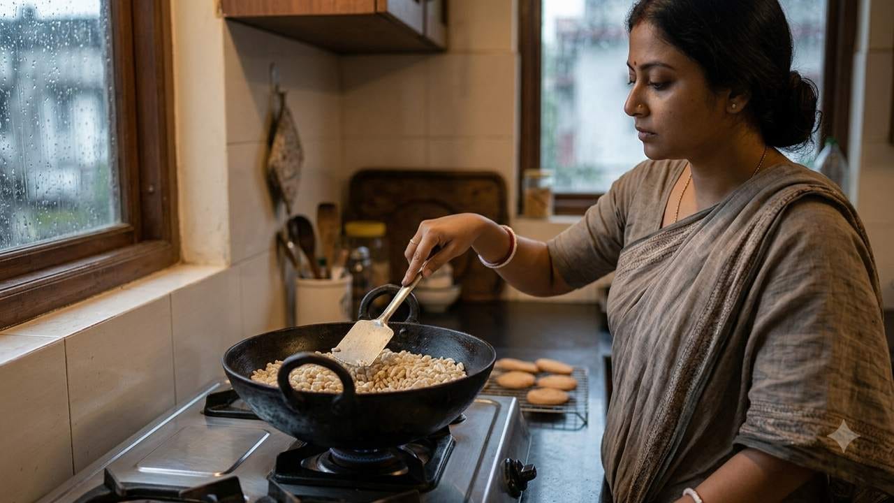 যাঁদের বাড়িতে ওভেন নেই, তাঁরা গ্যাস স্টোভের সাহায্যে শুকনো কড়াই ব্যবহার করতে পারেন। কড়াইটি প্রথমে মাঝারি আঁচে খুব ভালো করে গরম করে নিয়ে গ্যাস বন্ধ করে দিন। এরপর সেই গরম কড়াইতে মুড়ি বা বিস্কুট দিয়ে সামান্য নাড়াচাড়া করুন। Gemini Ai