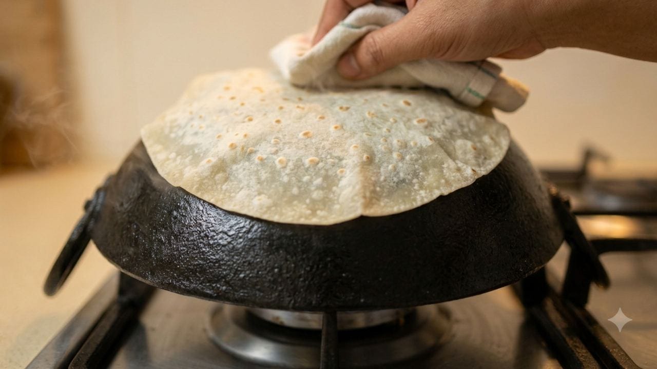 কড়াই ভালোমতো গরম হলে বেলে রাখা পাতলা রুটিটি সাবধানে উল্টানো কড়াইয়ের পিঠে ছড়িয়ে দিতে হবে। এই রুটি সেঁকতে একদমই বেশি সময় লাগে না, মাত্র ১০ থেকে ১২ সেকেন্ডের মধ্যেই রুটিটি উল্টে দিতে হবে। রুটির দু’দিকে যখন হালকা ছোট ছোট বাদামি দাগ ধরতে শুরু করবে, তখনই কড়াই থেকে সেটি নামিয়ে নিতে হবে। Gemini AI