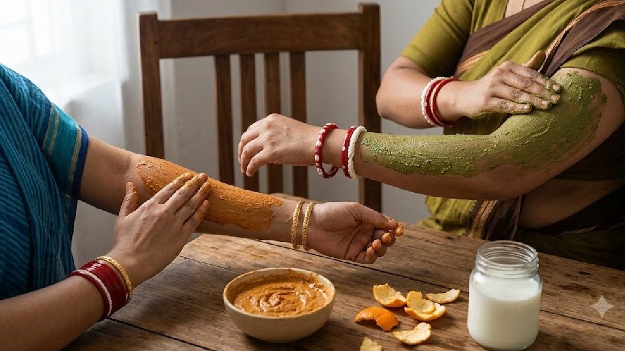 ভিটামিন সি ও অ্যান্টিঅক্সিডেন্টে ভরপুর কমলার খোসা ত্বকের ভেতরের উজ্জ্বলতা বাড়াতে সাহায্য করে। কমলার খোসা শুকিয়ে গুঁড়া করে রেখে দিন এবং প্রয়োজনমতো সেই গুঁড়ার সঙ্গে কাঁচা দুধ মিশিয়ে হাতে লাগান। নিয়মিত এই প্যাকের ব্যবহারে হাতের যেকোনও জেদি ও কালচে দাগ দ্রুত হালকা হয়ে আসে। Gemini Ai
