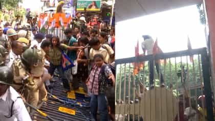 তালা বন্ধ গেট বেয়ে উঠল ABVP, পুলিশের সঙ্গে ধস্তাধস্তি বামেদের, তপ্ত JU