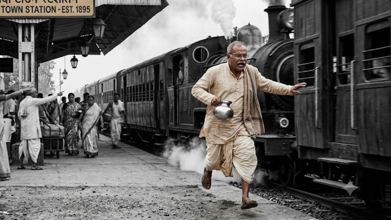 তবে কাজ শেষ করতে করতেই ট্রেন হুইসেল দিয়ে দেয়। এক হাতে লোটা, এক হাতে ধুতির কোঁচা ধরেই তিনি ট্রেনের পিছনে দৌড় লাগান।  