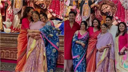 বাড়ির দুর্গাপুজোর মণ্ডপ থেকে মা-বোনকে নিয়ে ছবি পোস্ট কাজলের